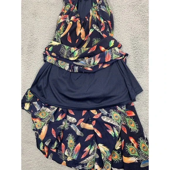 I Joah (S) Blue Colorful Feather Print Lined Adjustable Spaghetti Strap Dress - Picture 5 of 12